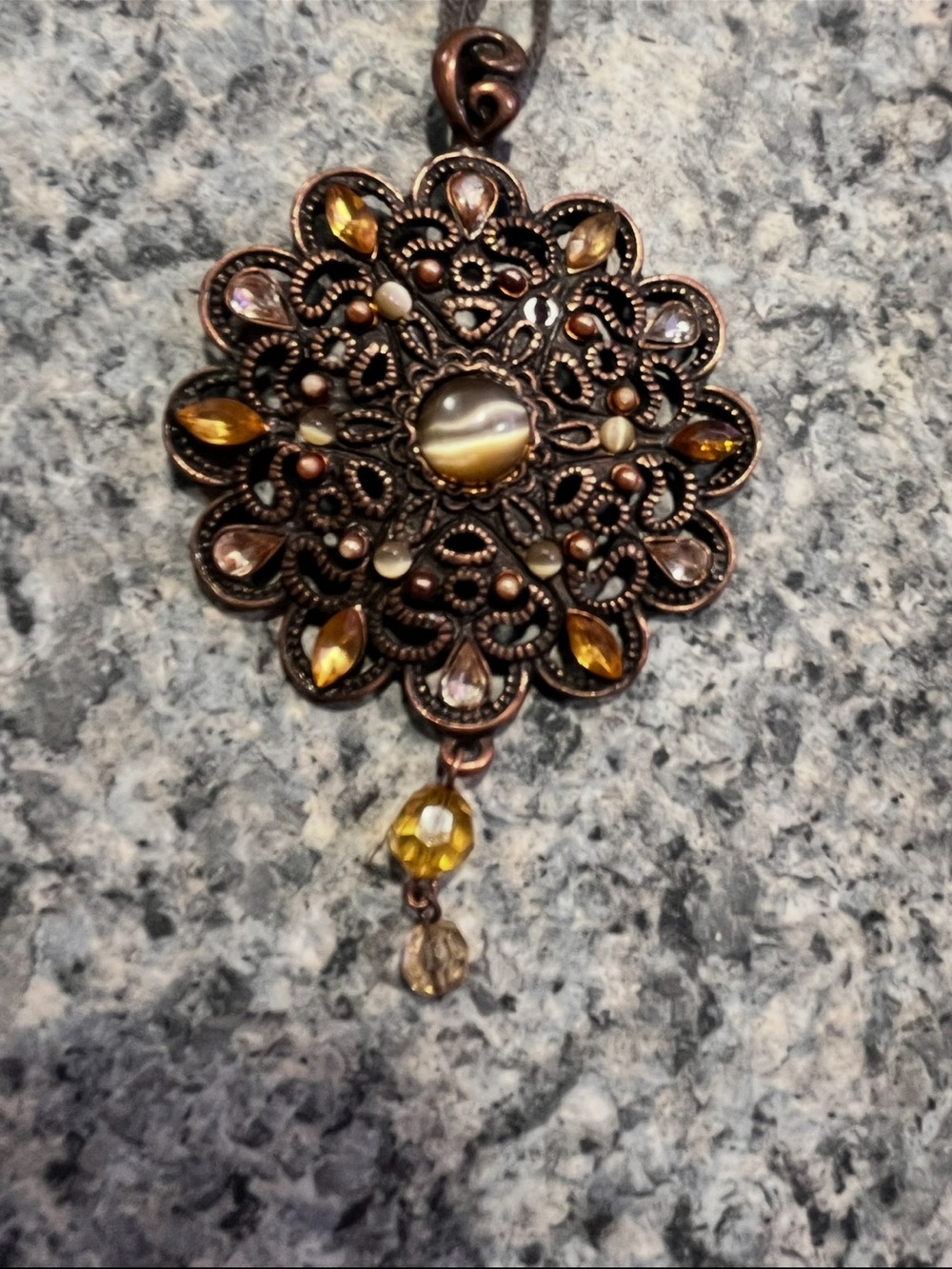 Vintage Copper Filigree Pendant Necklace with Amber and Champagne Accents